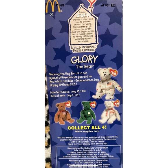 TY McDonalds Beanie Baby Erin Maple Britannia Glory the Bear1999 FULL Set of 4 - Picture 6 of 12